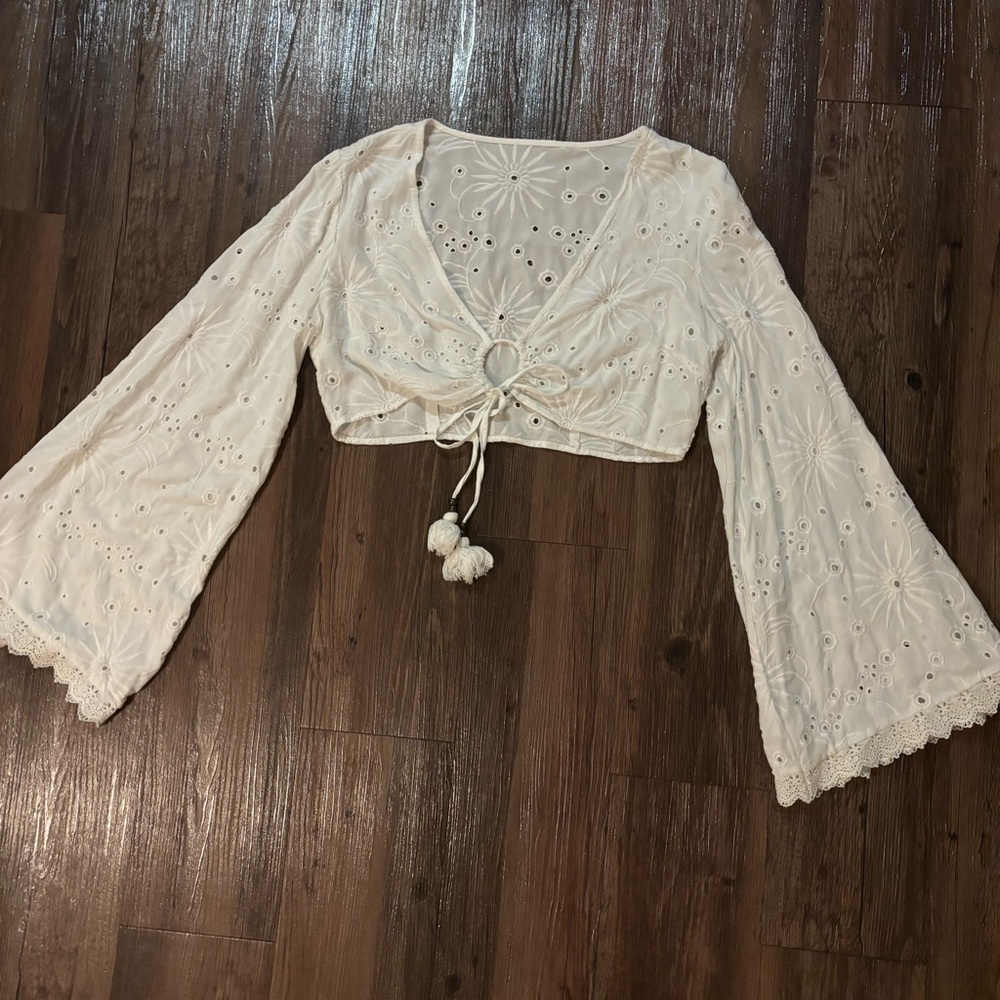 White Bell Sleeve Eyelet Crop Top